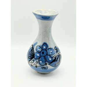 Vintage Tonala Mexico Hand Painted Pottery Bud Vase Blue Bird Floral Signed 5"